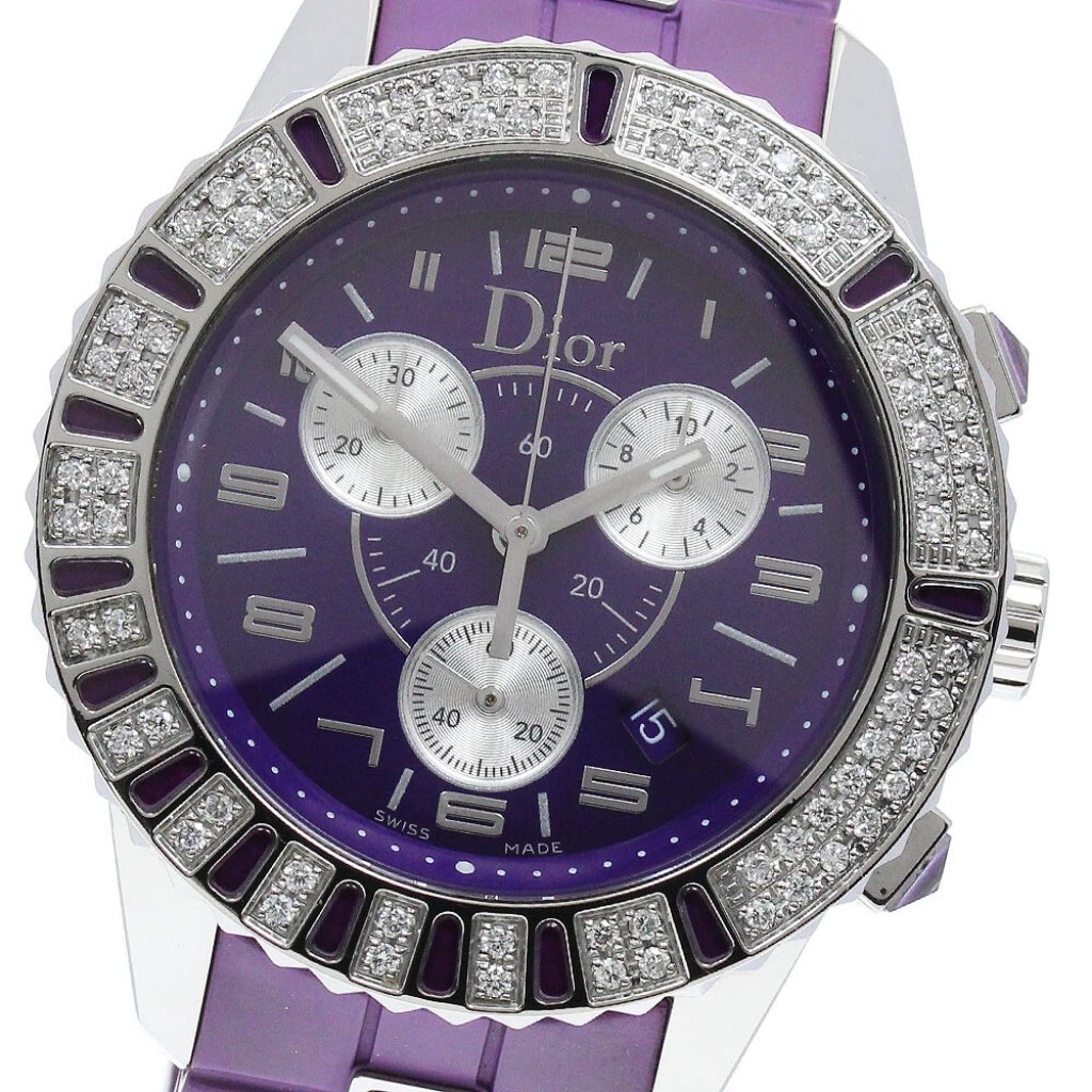 Dior Crystal Diamond Bezel Chronograph Purple Dial Quartz Ladies